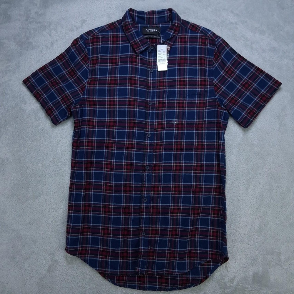 PacSun Mens Plaid Short Sleeve Button Up Shirt Blue Red L Longer Fit 0128-102